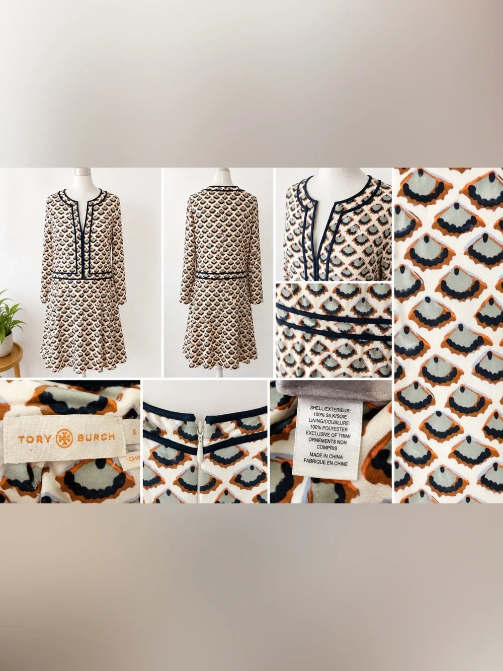 Tory Burch Cream, Navy and Tan Printed Long Sleeve A-Line Dress